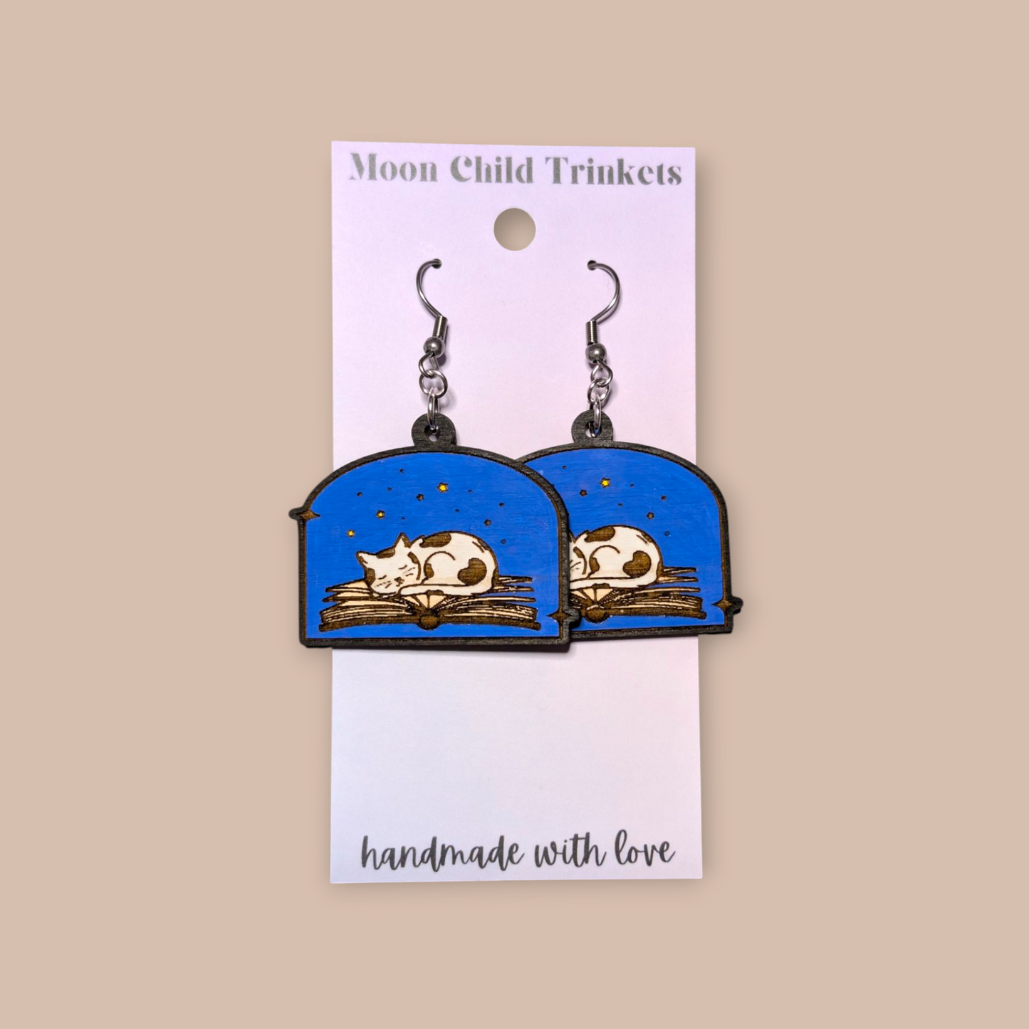 Sleepy Cat on Book Hand Painted Wood Dangle Earrings