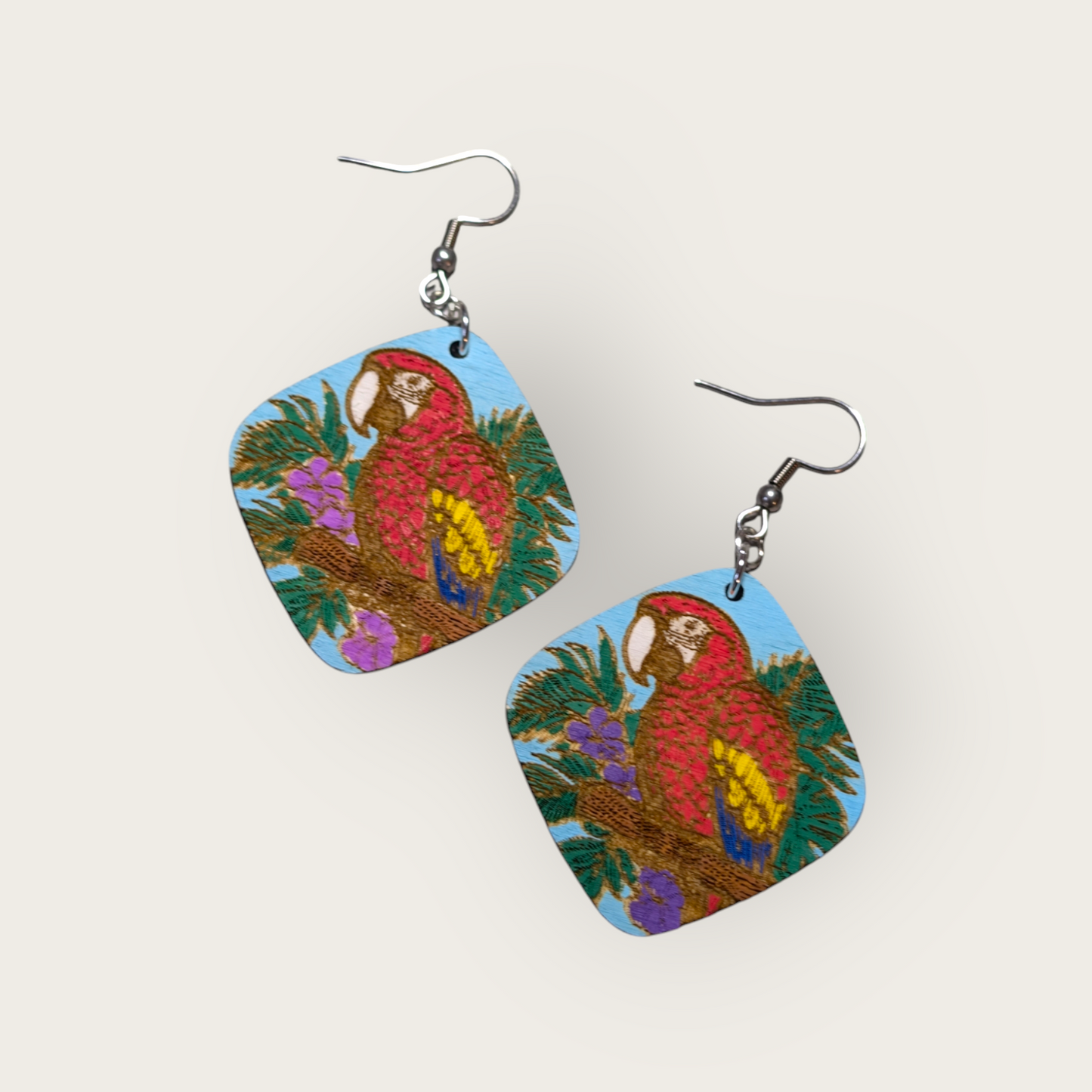 Scarlet Macaw Parrot Hand Painted Dangle Earrings