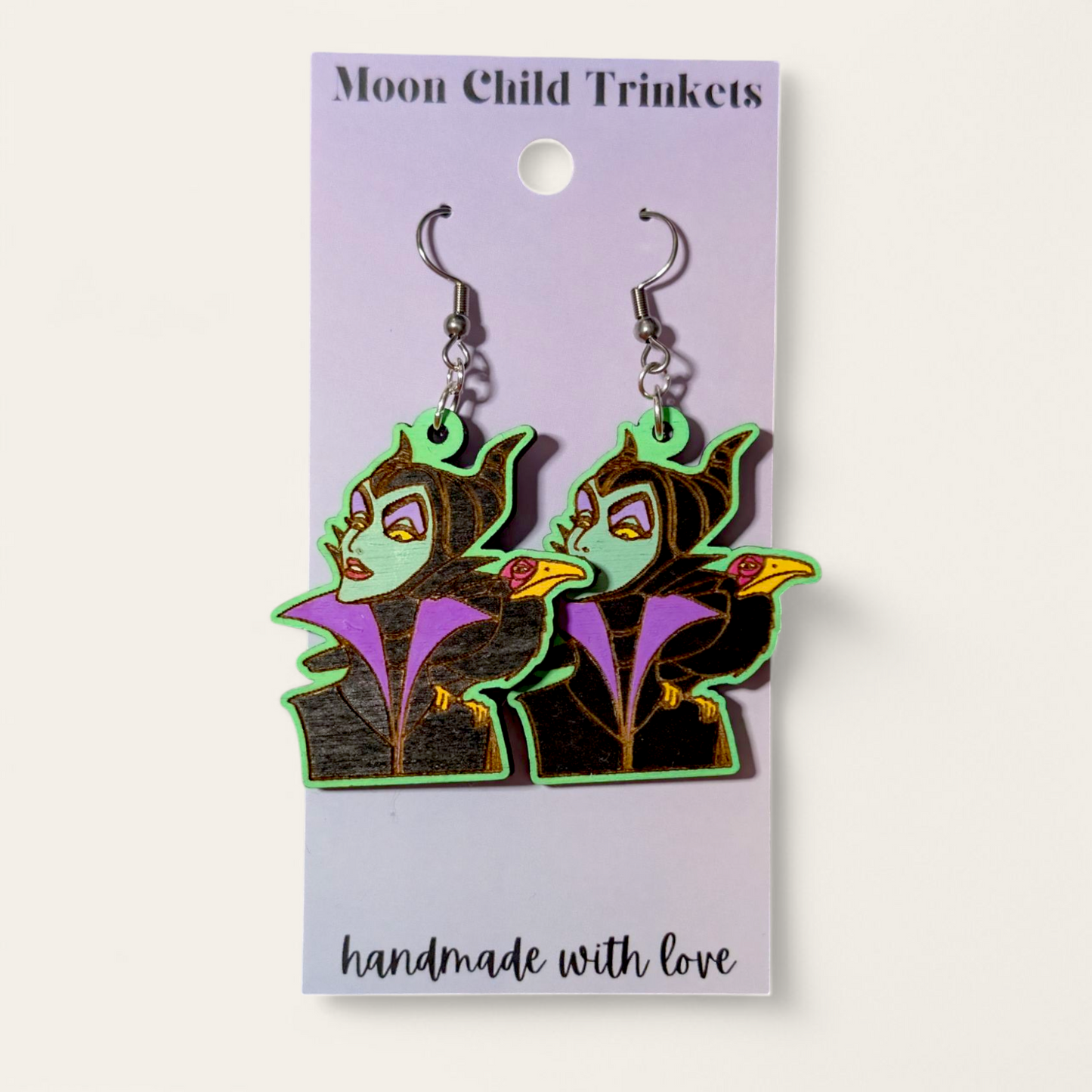 Maleficent Disney Villain Hand Painted Wood Dangle Earrings