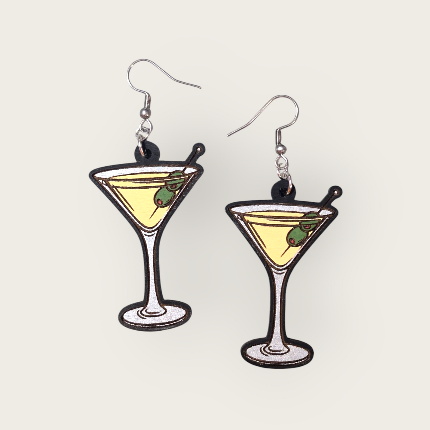 Olive Martini Hand Painted Wood Dangle Earrings