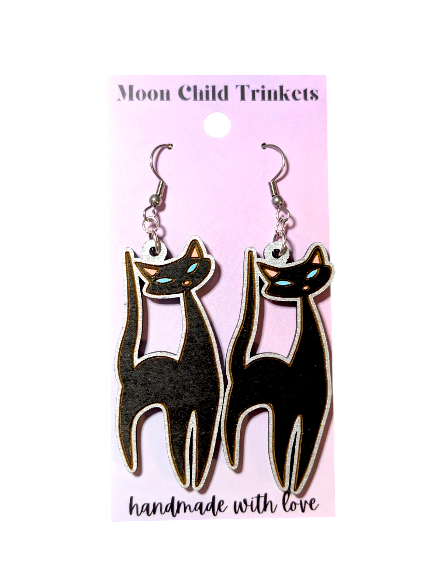 Retro Atomic Cat Hand Painted Wood Dangle Earrings