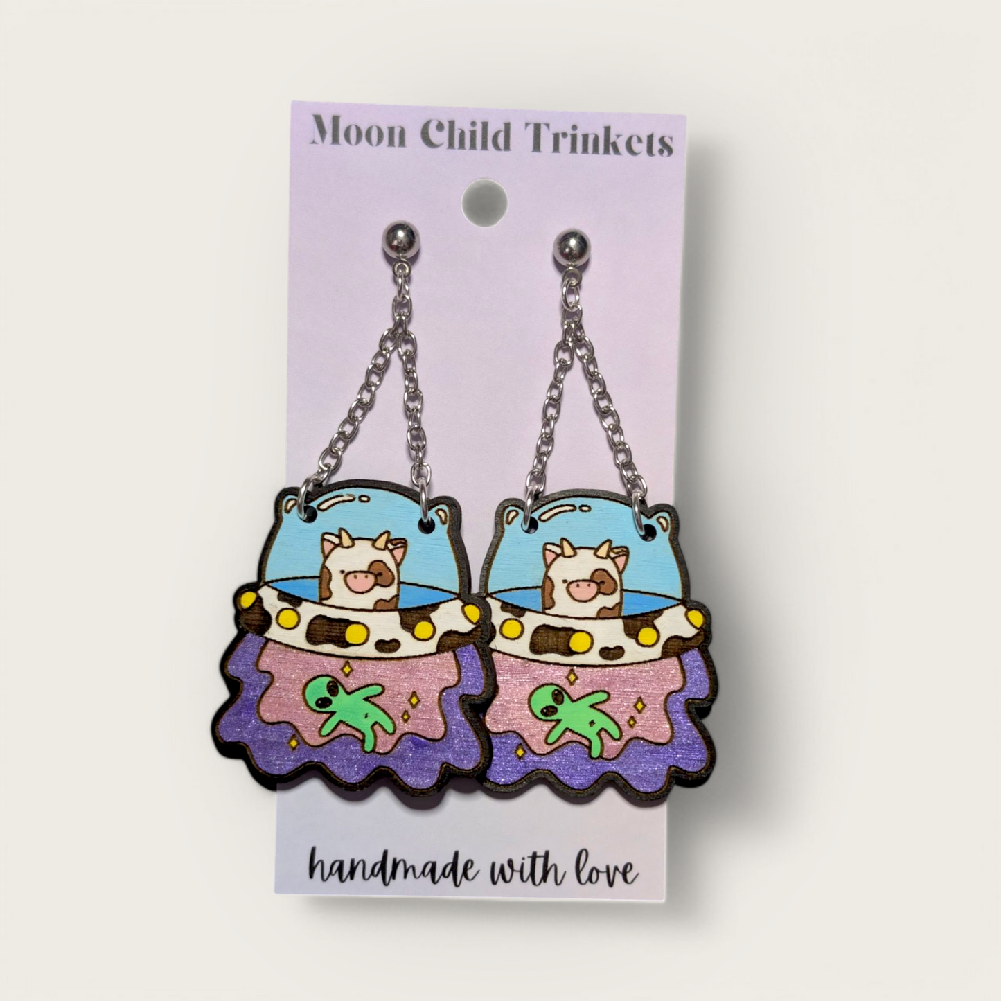 UFO Cow Alien Abduction Hand Painted Wood Dangle Earrings