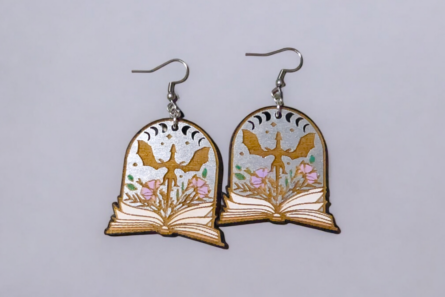 Fantasy Book Dragon Hand Painted Wood Dangle Earrings