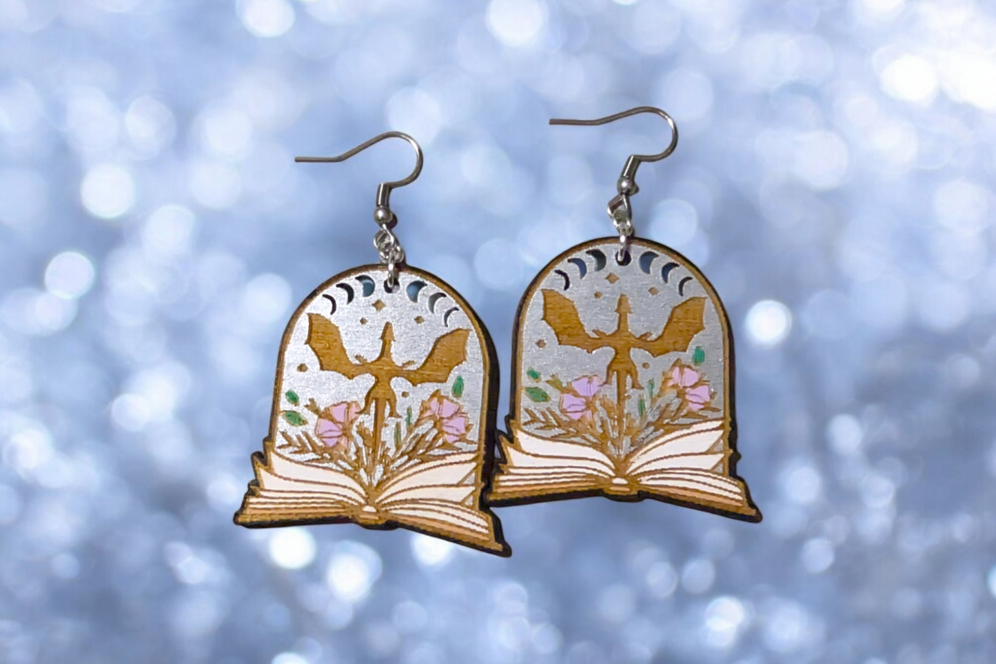 Fantasy Book Dragon Hand Painted Wood Dangle Earrings
