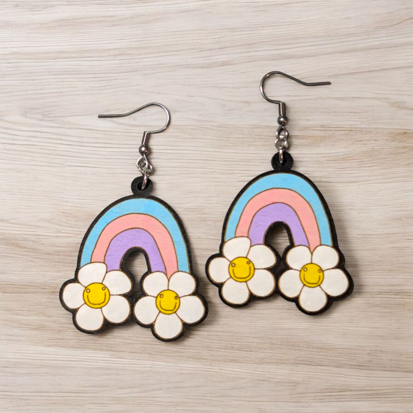 Pastel Happy Vibes Hand Painted Wood Dangle Earrings