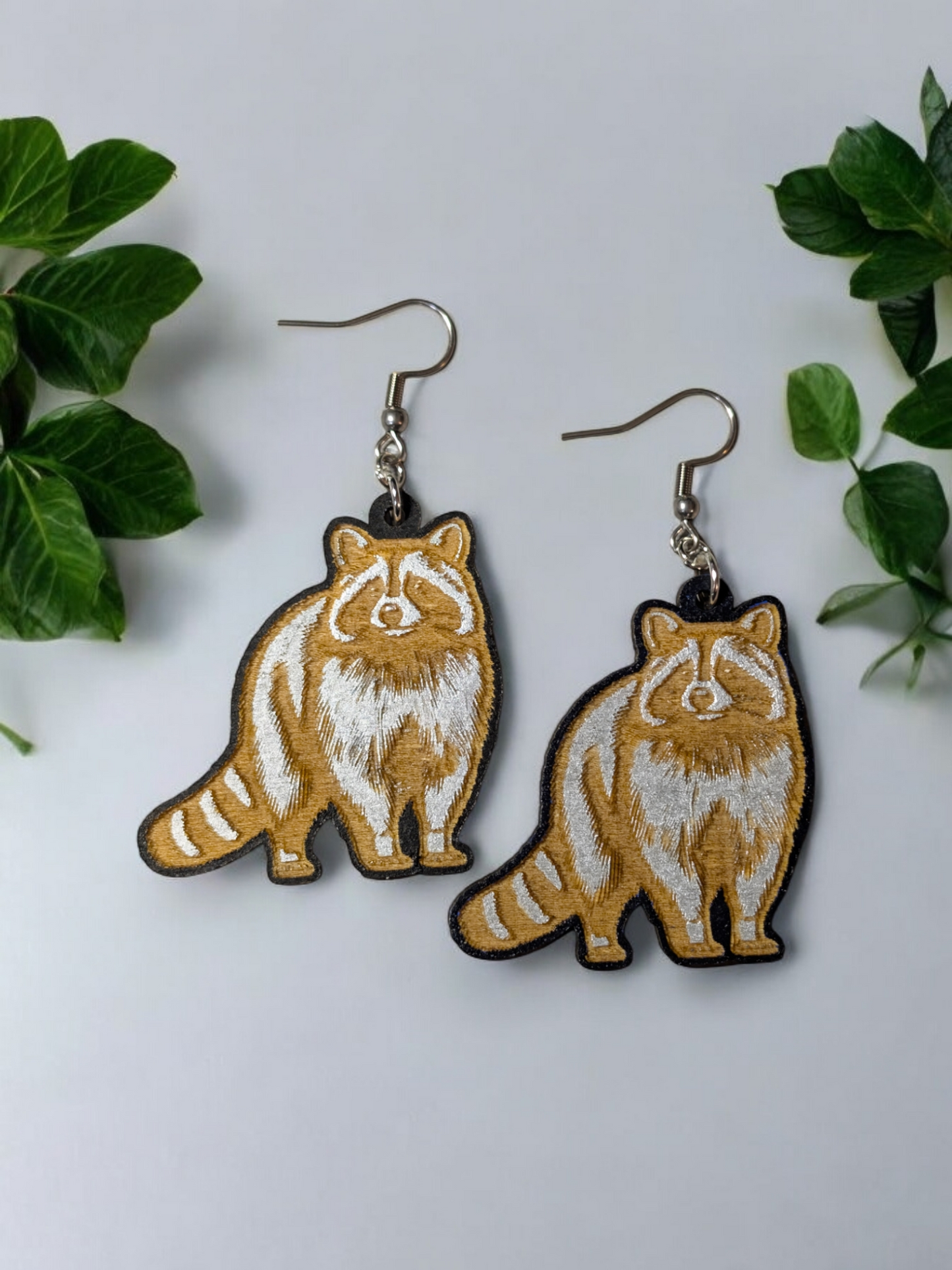 Raccoon Hand Painted Dangle Earrings