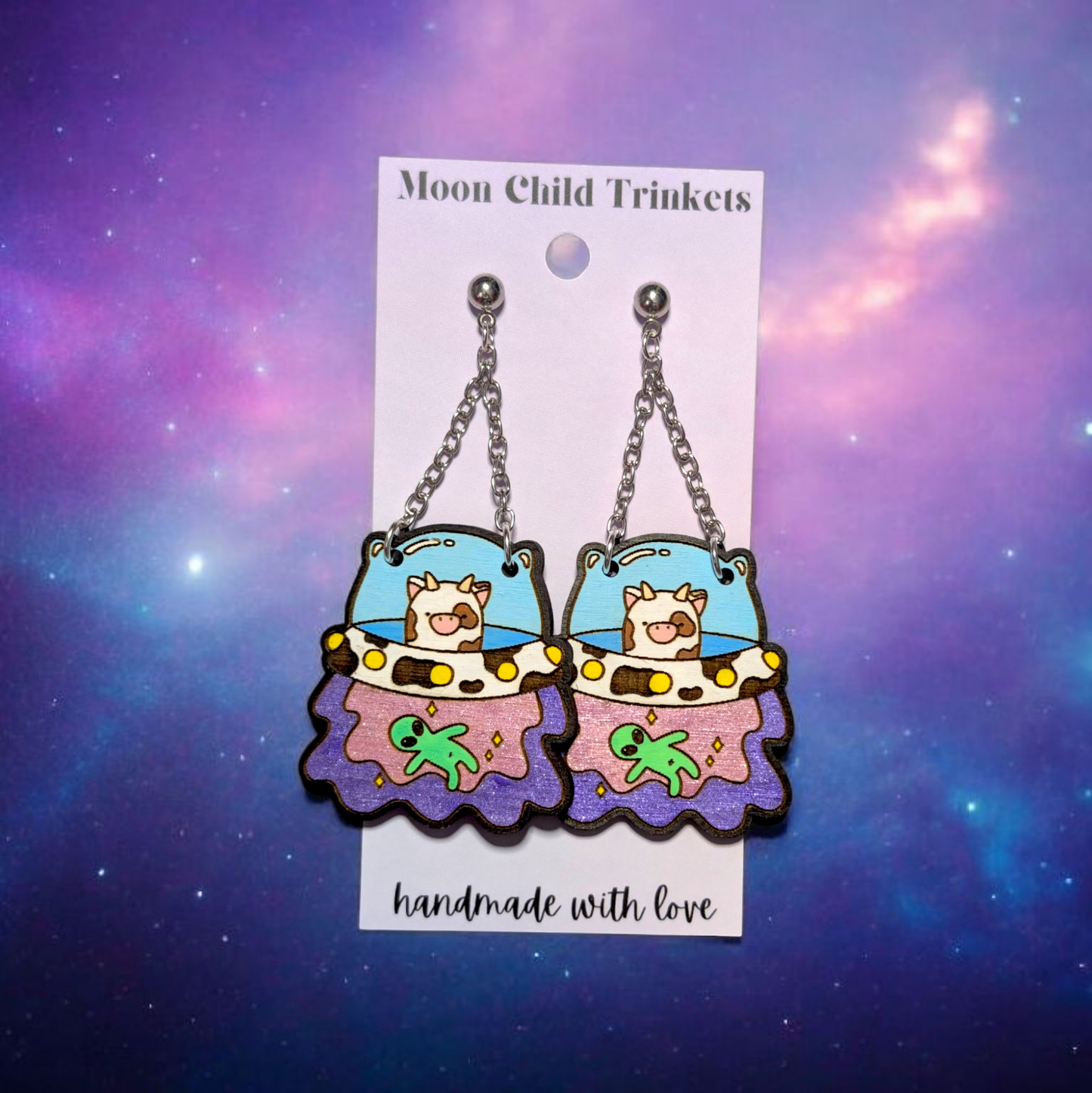 UFO Cow Alien Abduction Hand Painted Wood Dangle Earrings