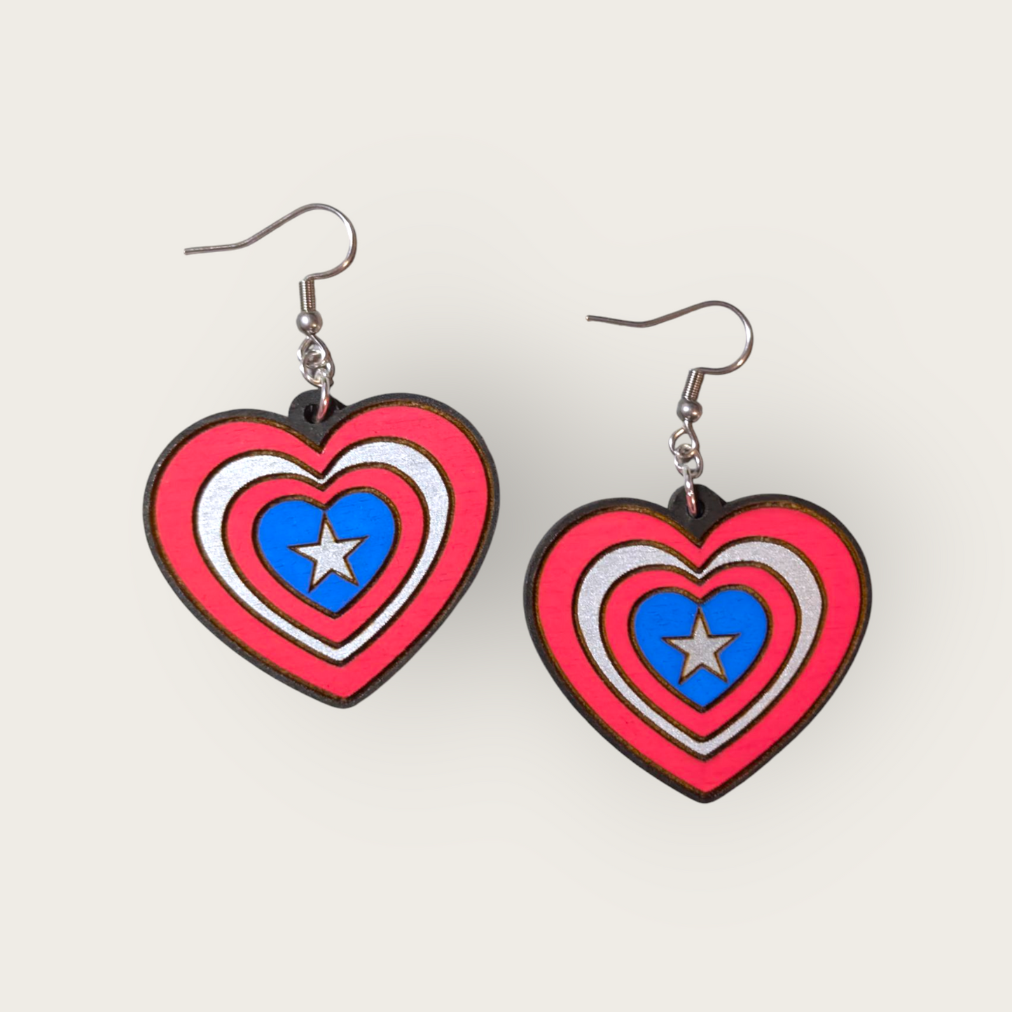 Love Captain America Hand Painted Wood Dangle Earrings