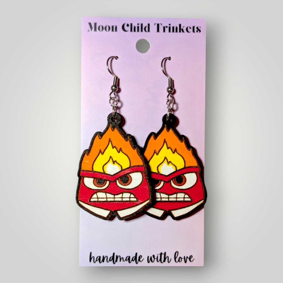 Anger Inside Out Hand Painted Wood Dangle Earrings