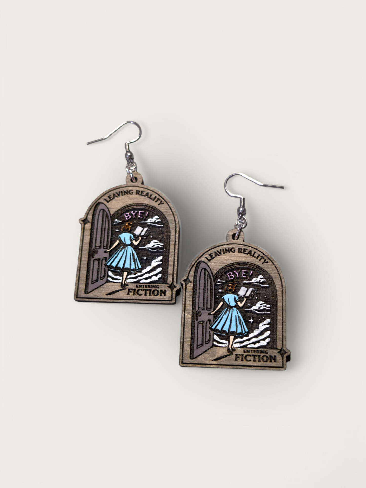 Leaving Reality, Entering Fiction Book Hand Painted Wood Dangle Earrings