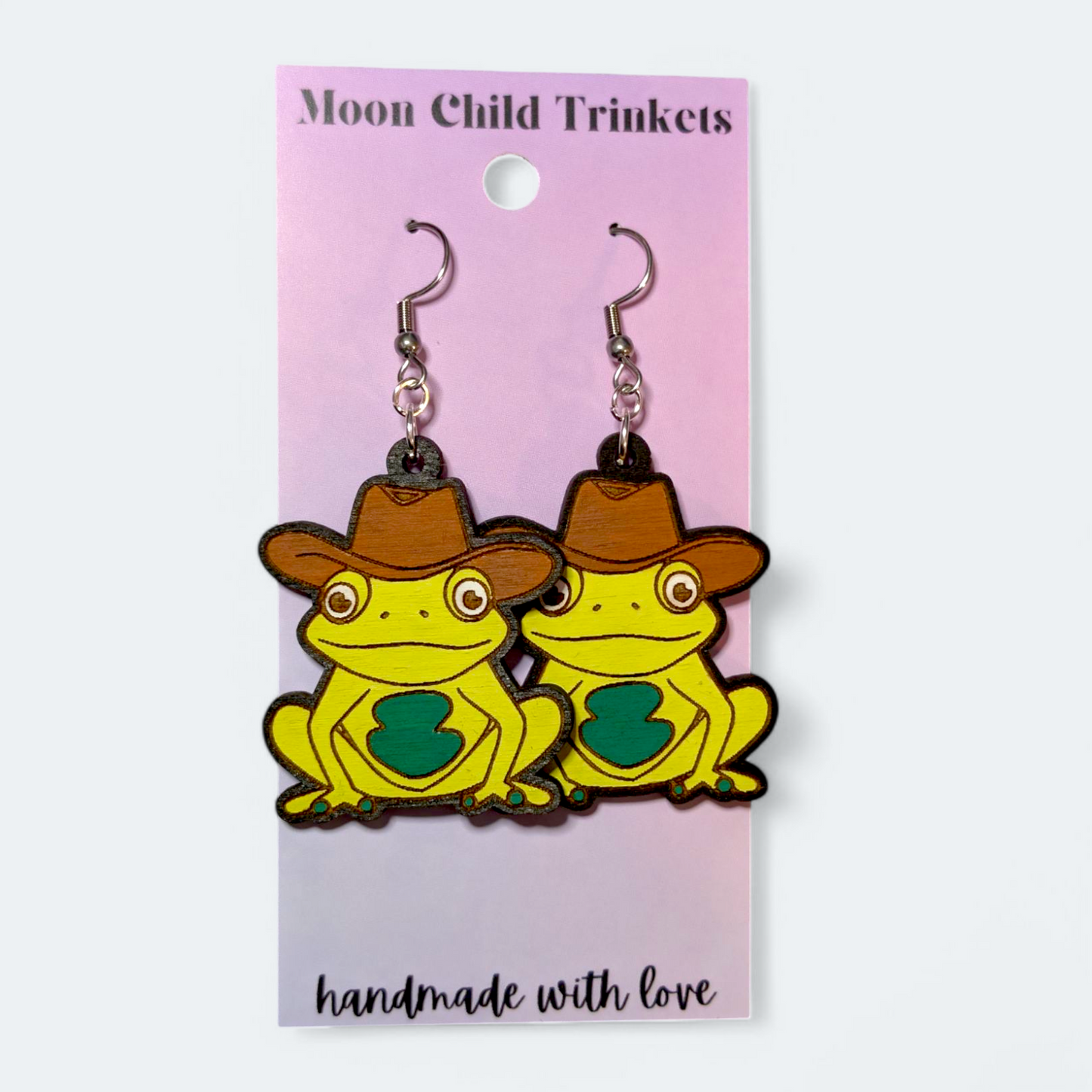 Cowboy Frog Hand Painted Wood Dangle Earrings