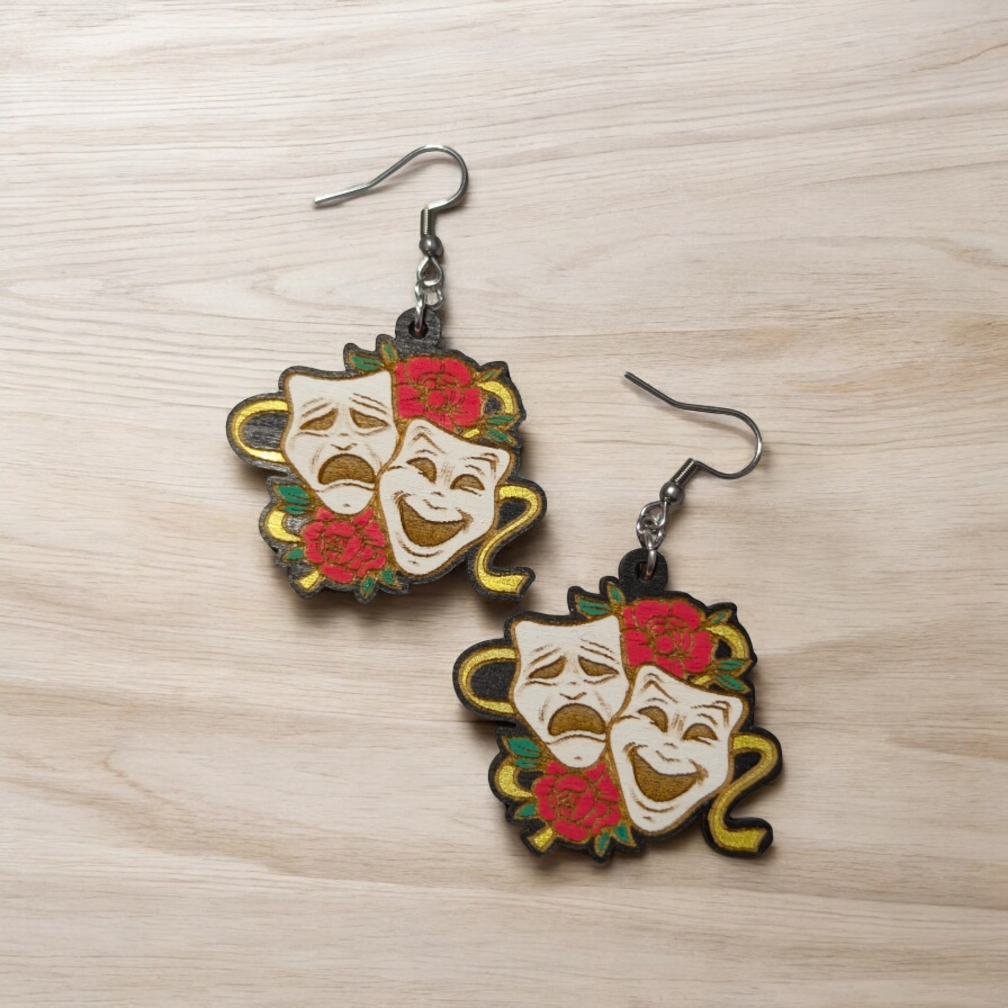 Theater Drama Mask Hand Painted Wood Dangle Earrings