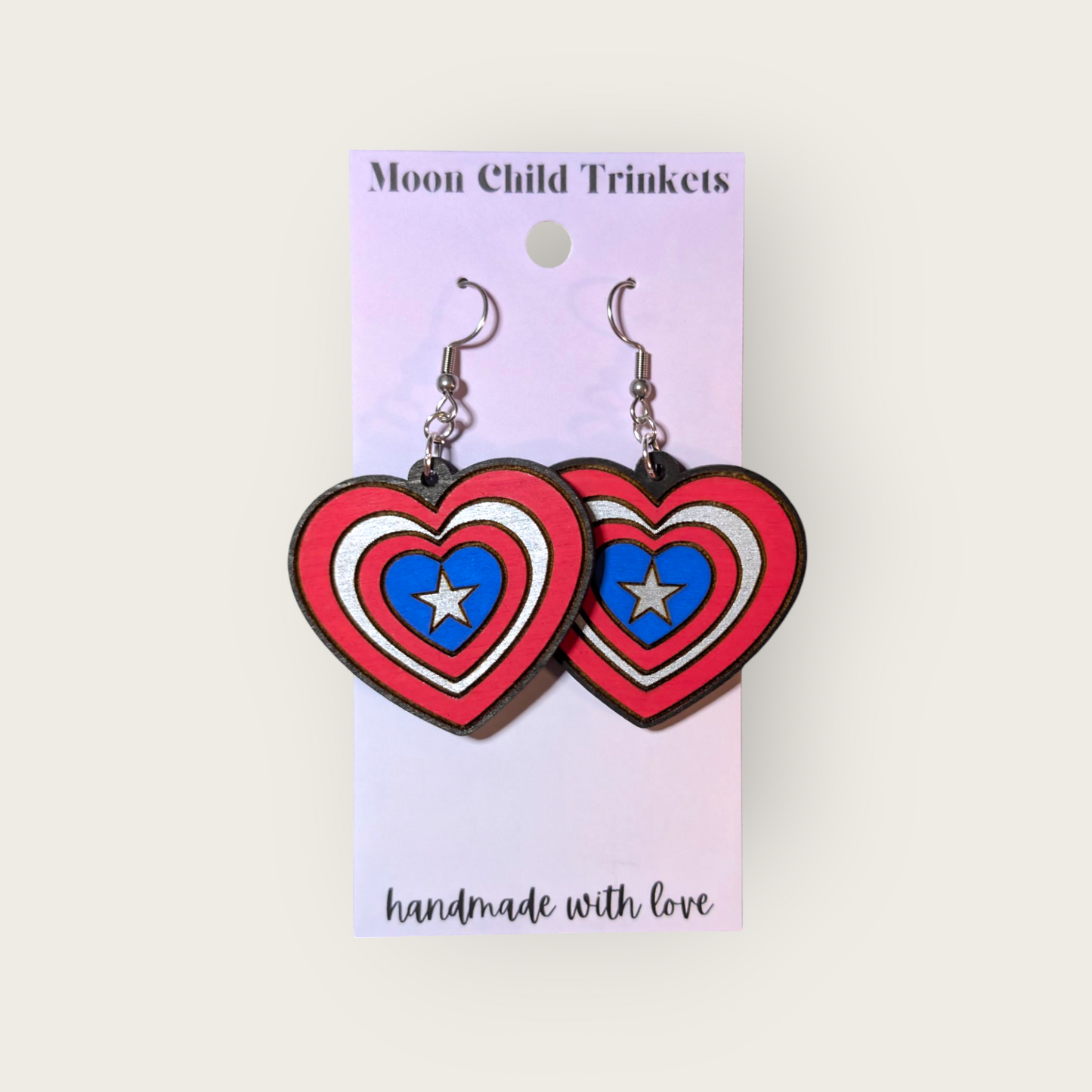 Love Captain America Hand Painted Wood Dangle Earrings