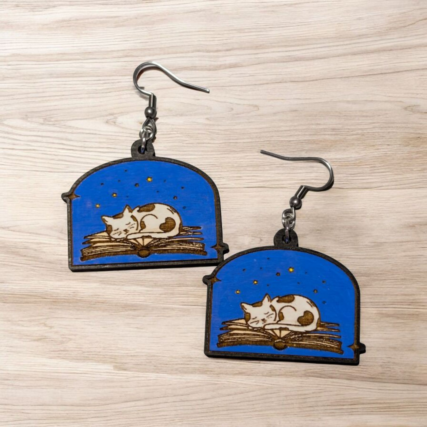 Sleepy Cat on Book Hand Painted Wood Dangle Earrings