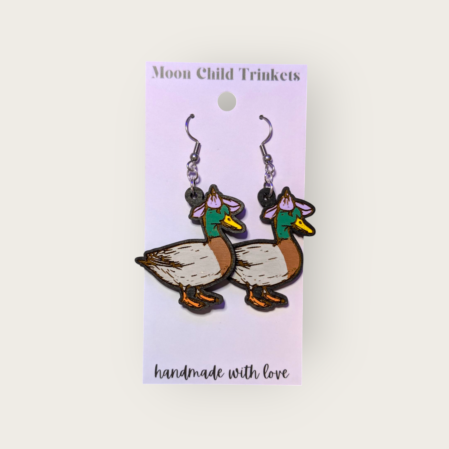 Duck with Flower Hat Hand Painted Wood Dangle Earrings