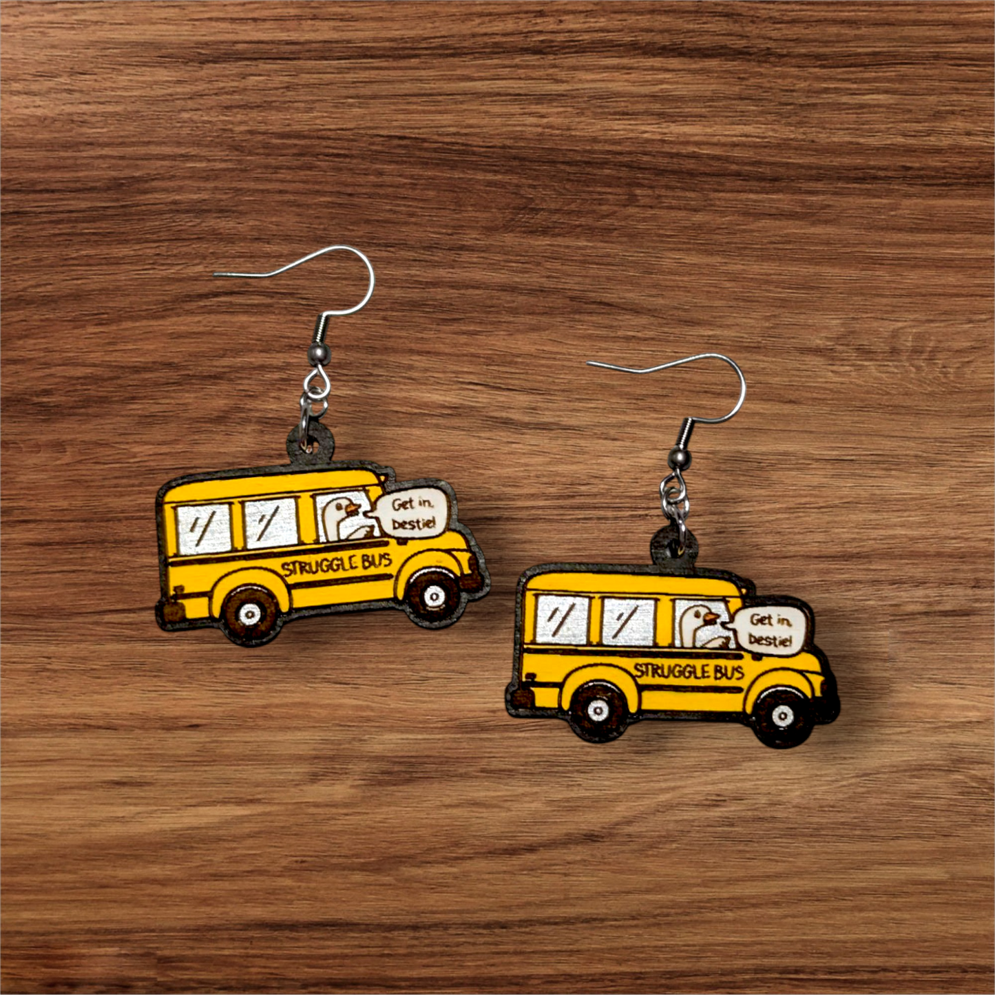 Struggle Bus Goose Hand Painted Wood Dangle Earrings