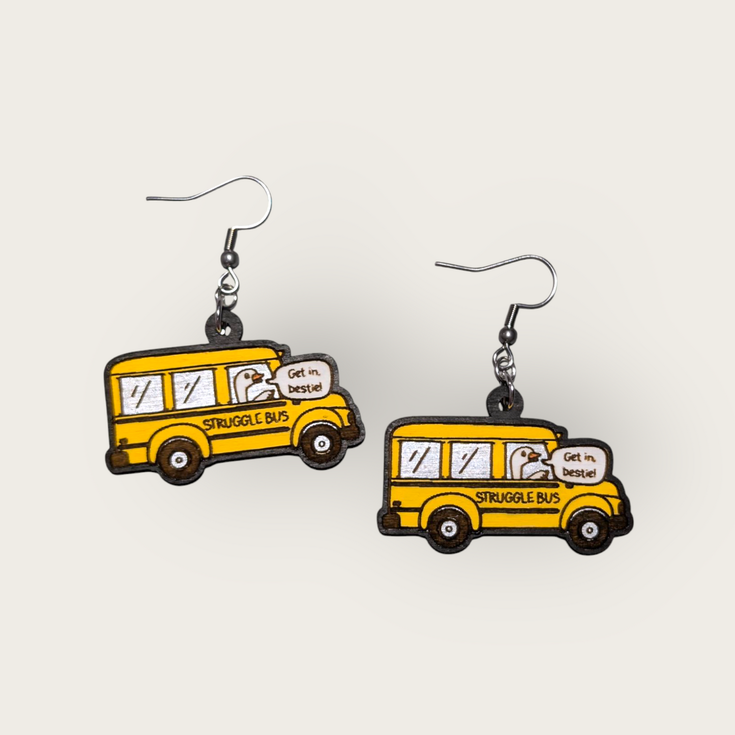 Struggle Bus Goose Hand Painted Wood Dangle Earrings