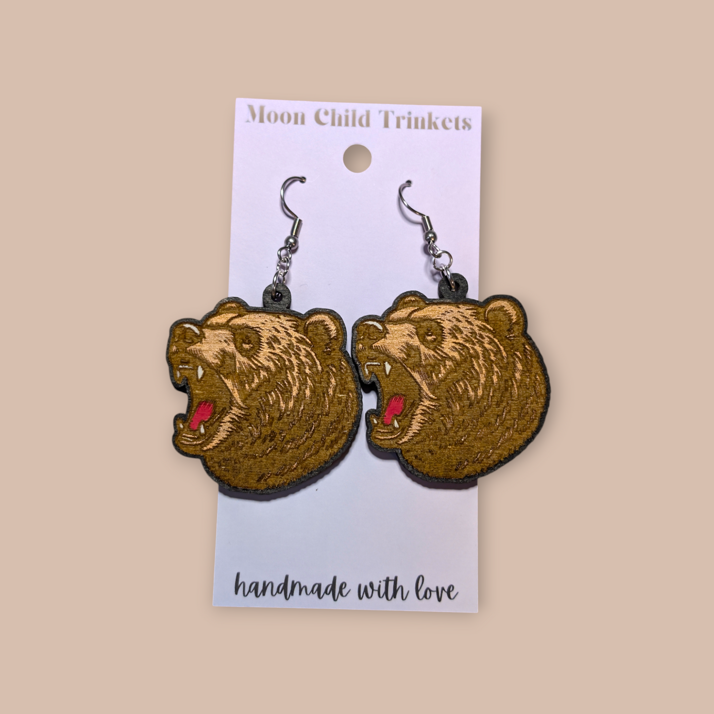 Grizzly Bear Hand Painted Dangle Earrings