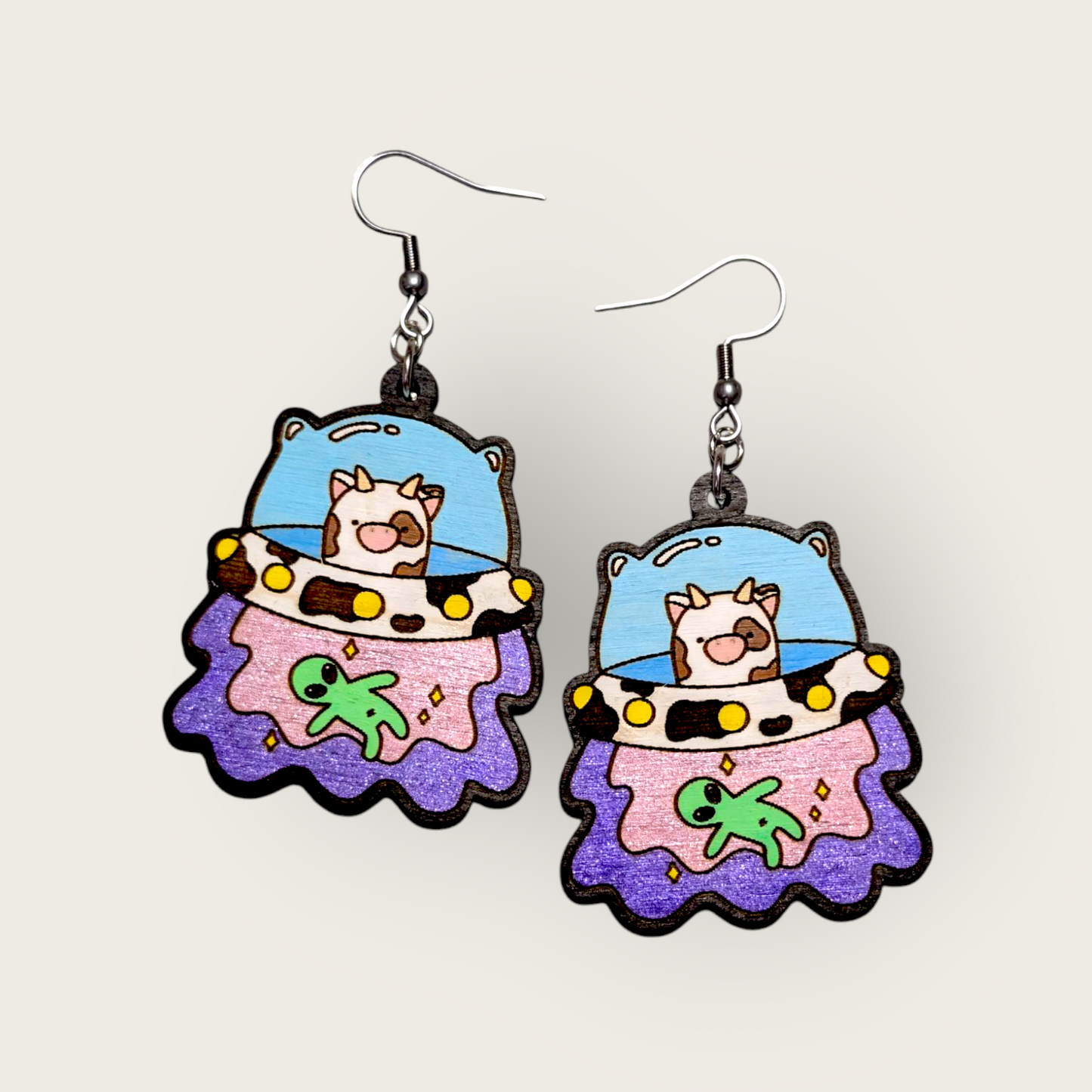 UFO Cow Alien Abduction Hand Painted Wood Dangle Earrings