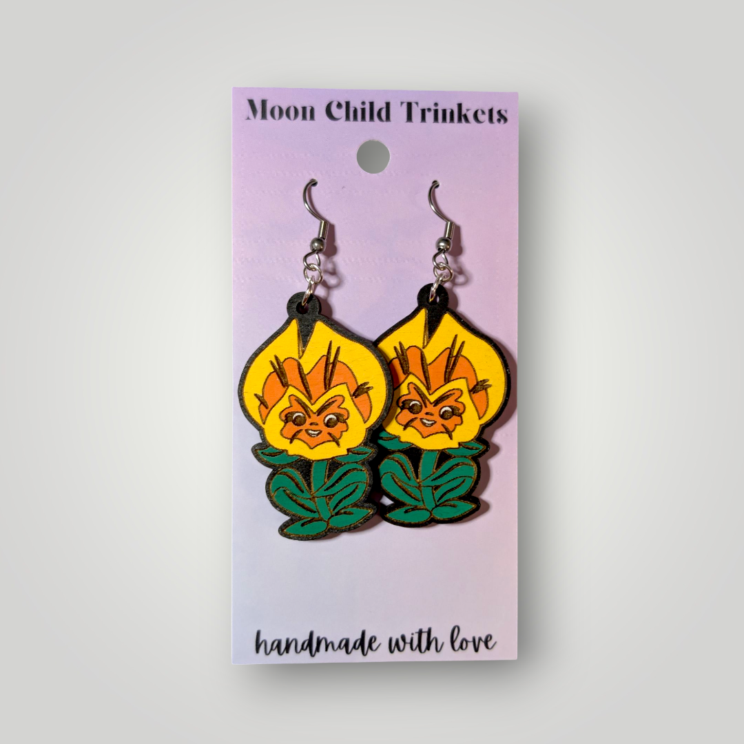 Pansy Flower Alice in Wonderland Hand Painted Wood Earrings