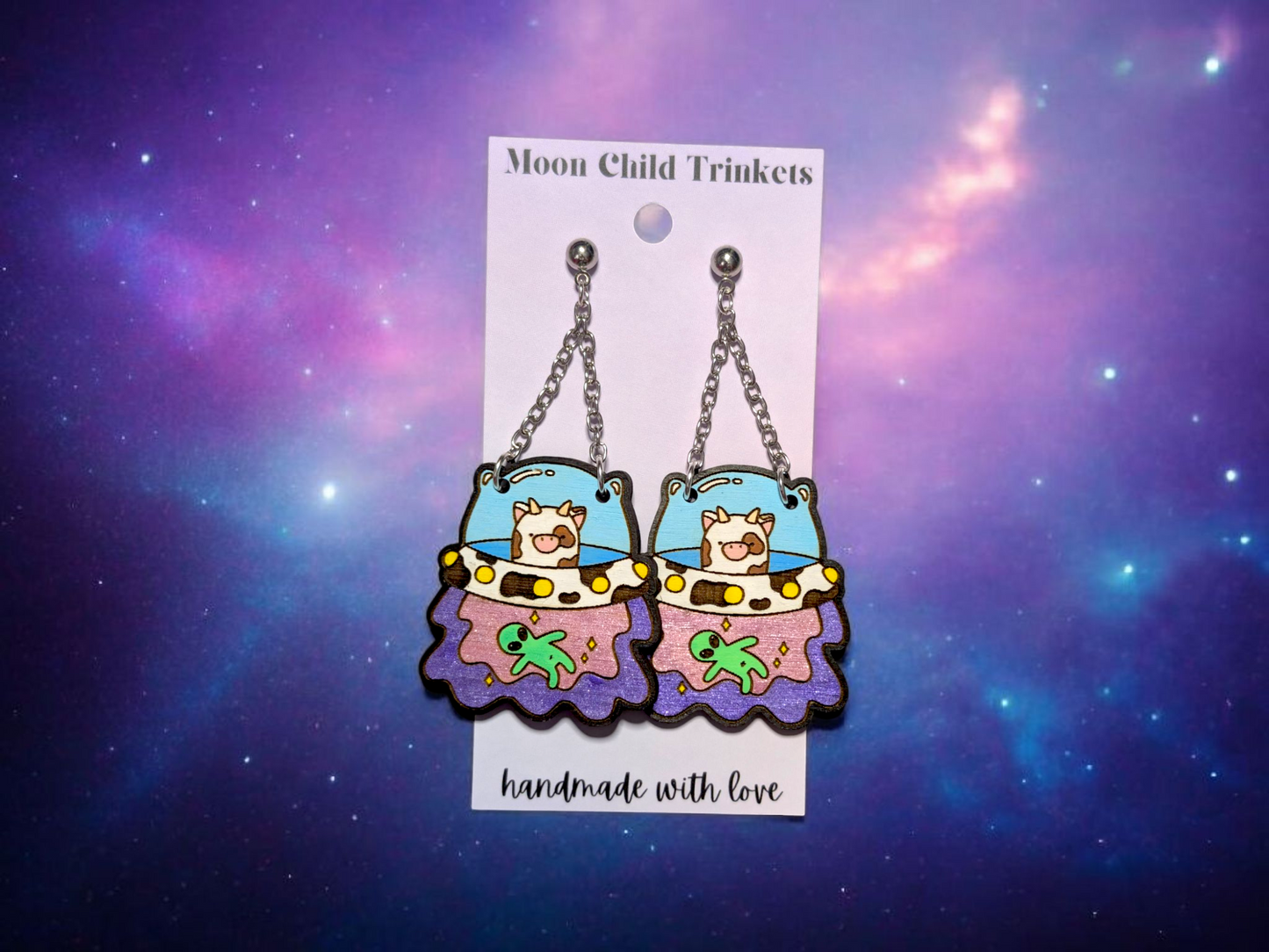 UFO Cow Alien Abduction Hand Painted Wood Dangle Earrings