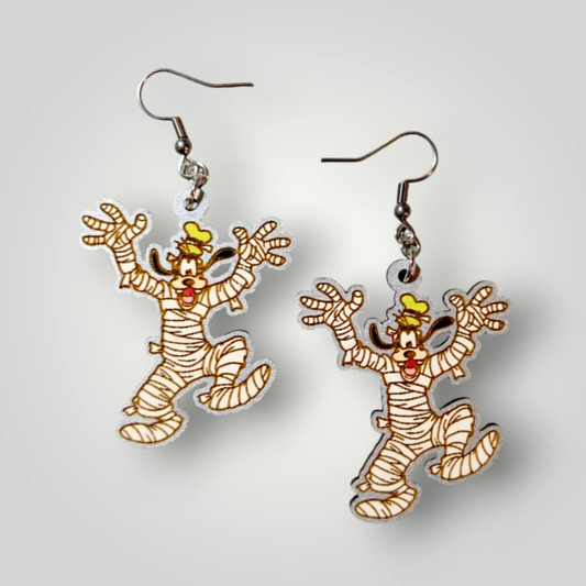 Goofy Mummy Costume Halloween Hand Painted Wood Dangle Earrings