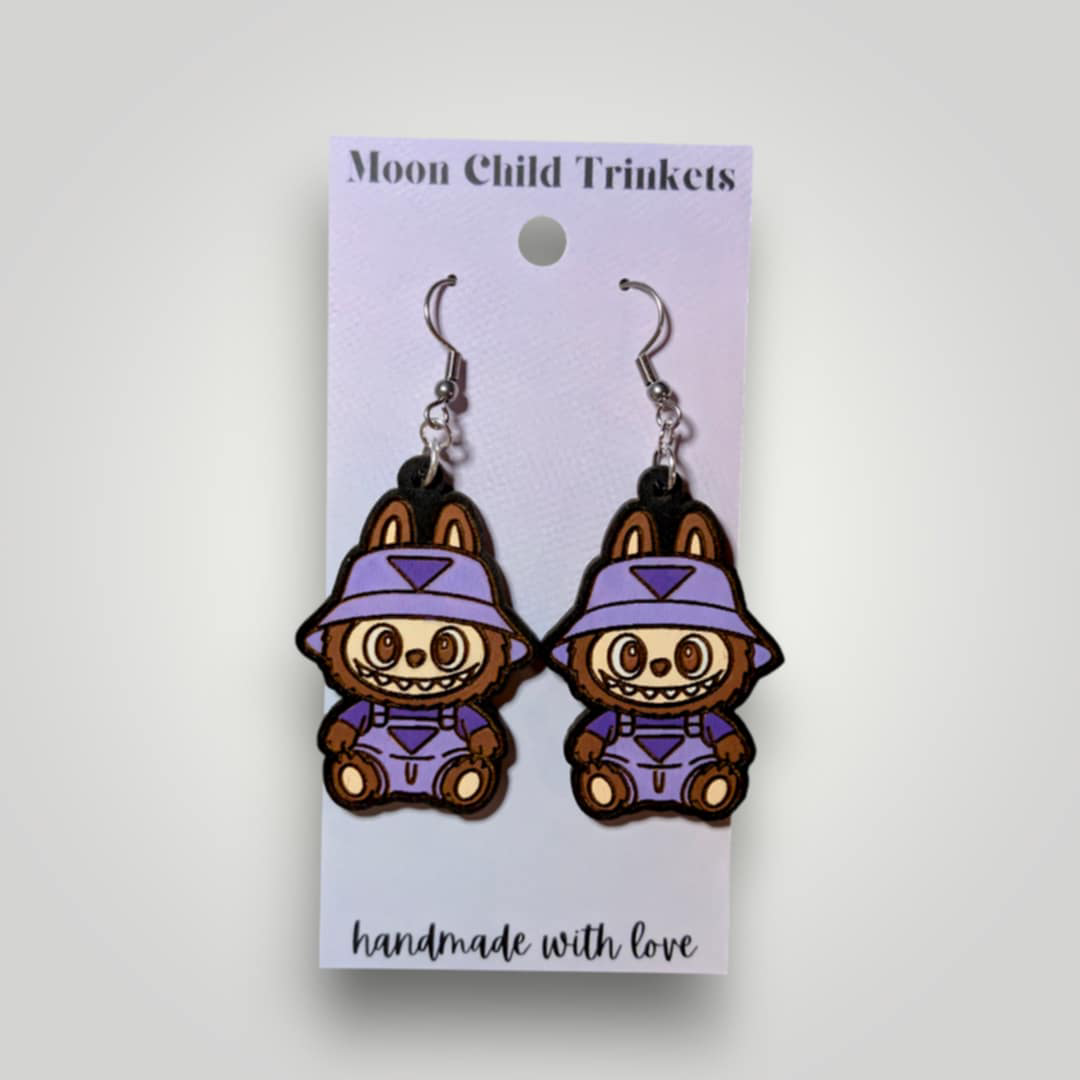 Labubu in Overalls Hand Painted Wood Earrings