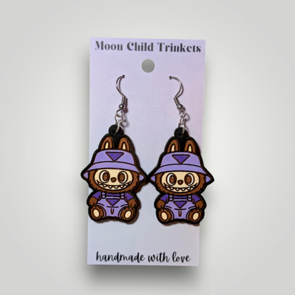 Labubu in Overalls Hand Painted Wood Earrings