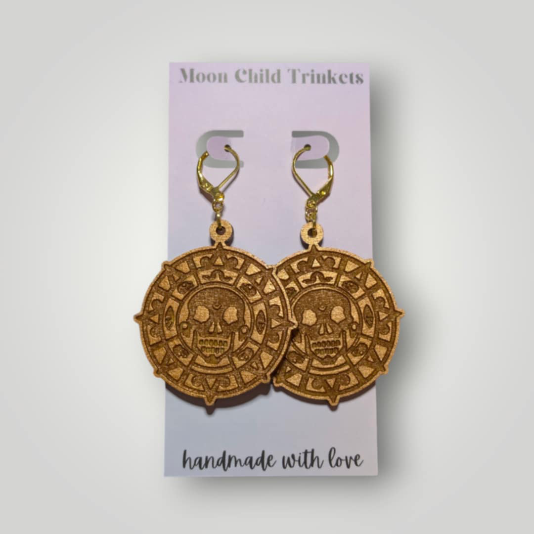 Pirates of The Caribbean Coin Hand Painted Wood Dangle Earrings