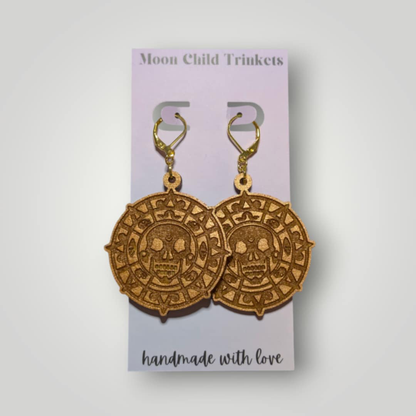 Pirates of The Caribbean Coin Hand Painted Wood Dangle Earrings