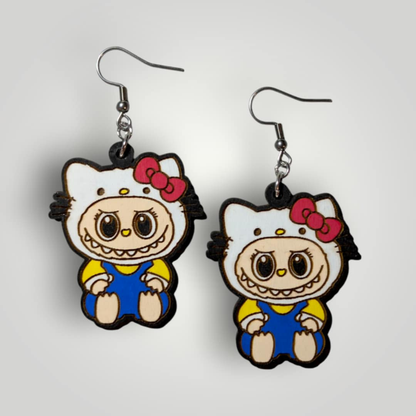 Hello Kitty Labubu Hand Painted Wood Earrings