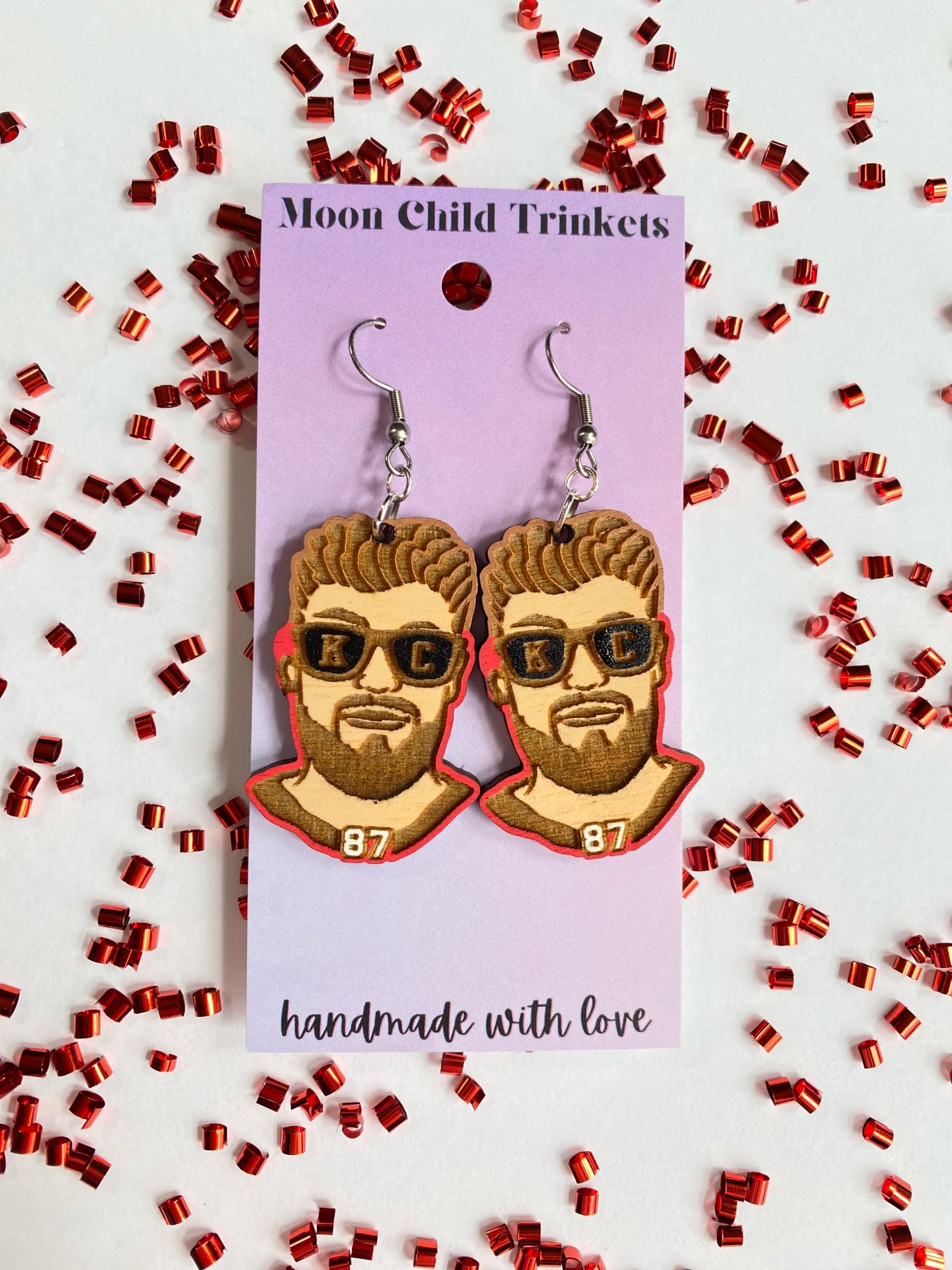 Chiefs Travis Kelce Inspired Hand Painted Wood Dangle Earrings image 0