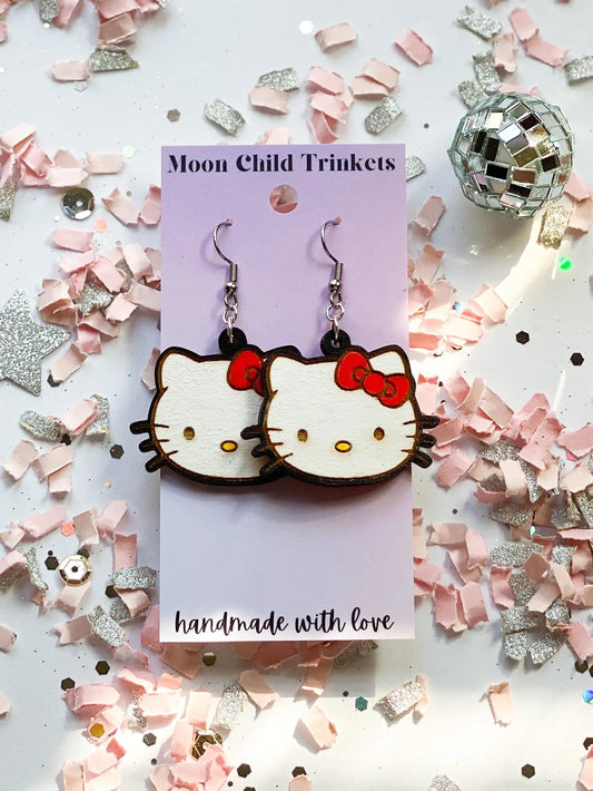Hello Kitty Hand Painted Wood Dangle Earrings image 0
