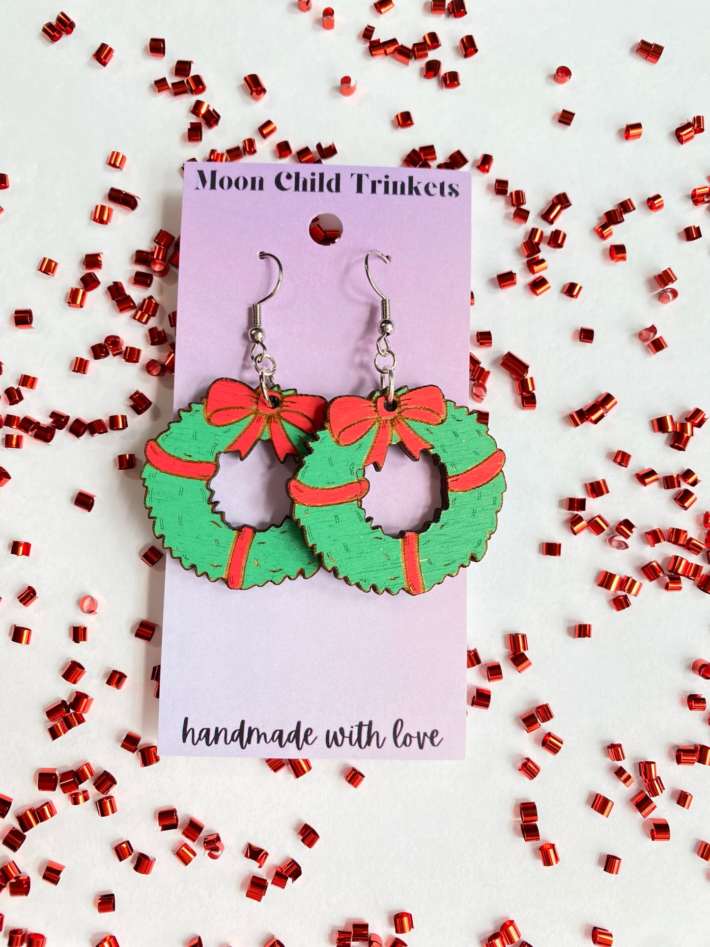 Christmas Wreath Hand Painted Wood Dangle Earrings image 1