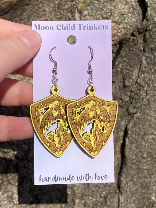 Medieval Dragon & Knight Shield Hand Painted Wood Dangle Earrings image 0