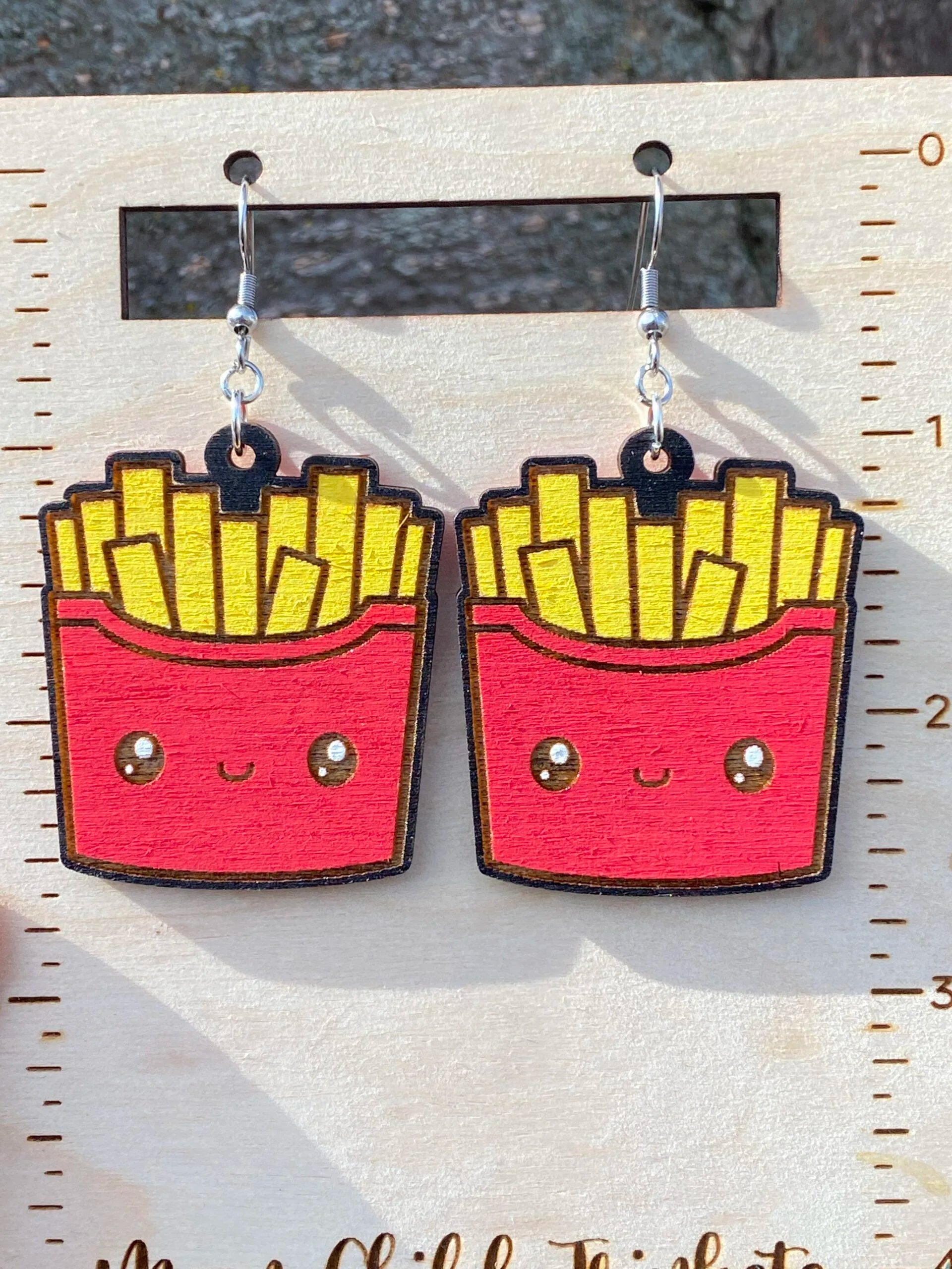 French Fries Kawaii Hand Painted Wood Dangle Earrings image 0