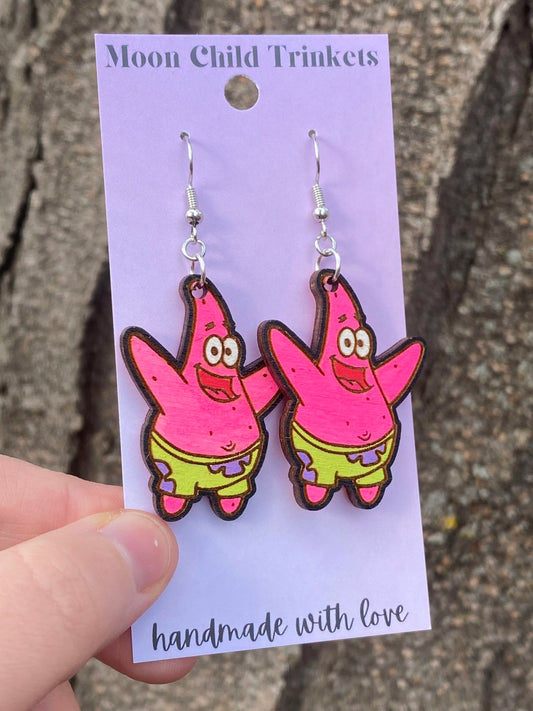 Spongebob Patrick Star Hand Painted Wood Dangle Earrings image 0