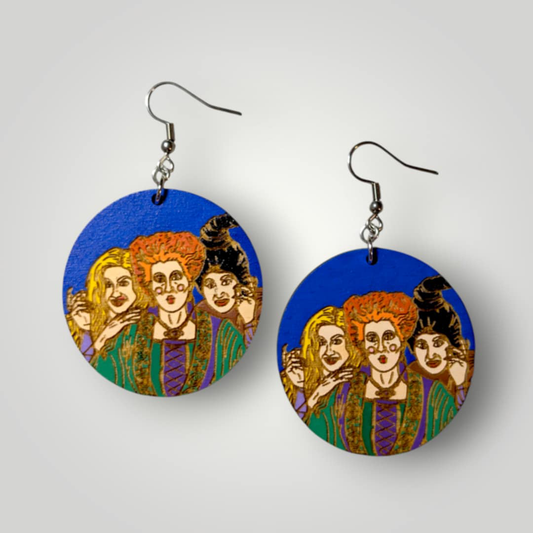 Hocus Pocus Sanderson Sisters Hand Painted Wood Dangle Earrings