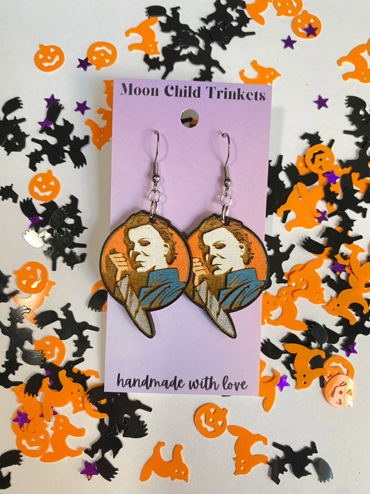 Michael Myers Hand Painted Wood Dangle Earrings image 0