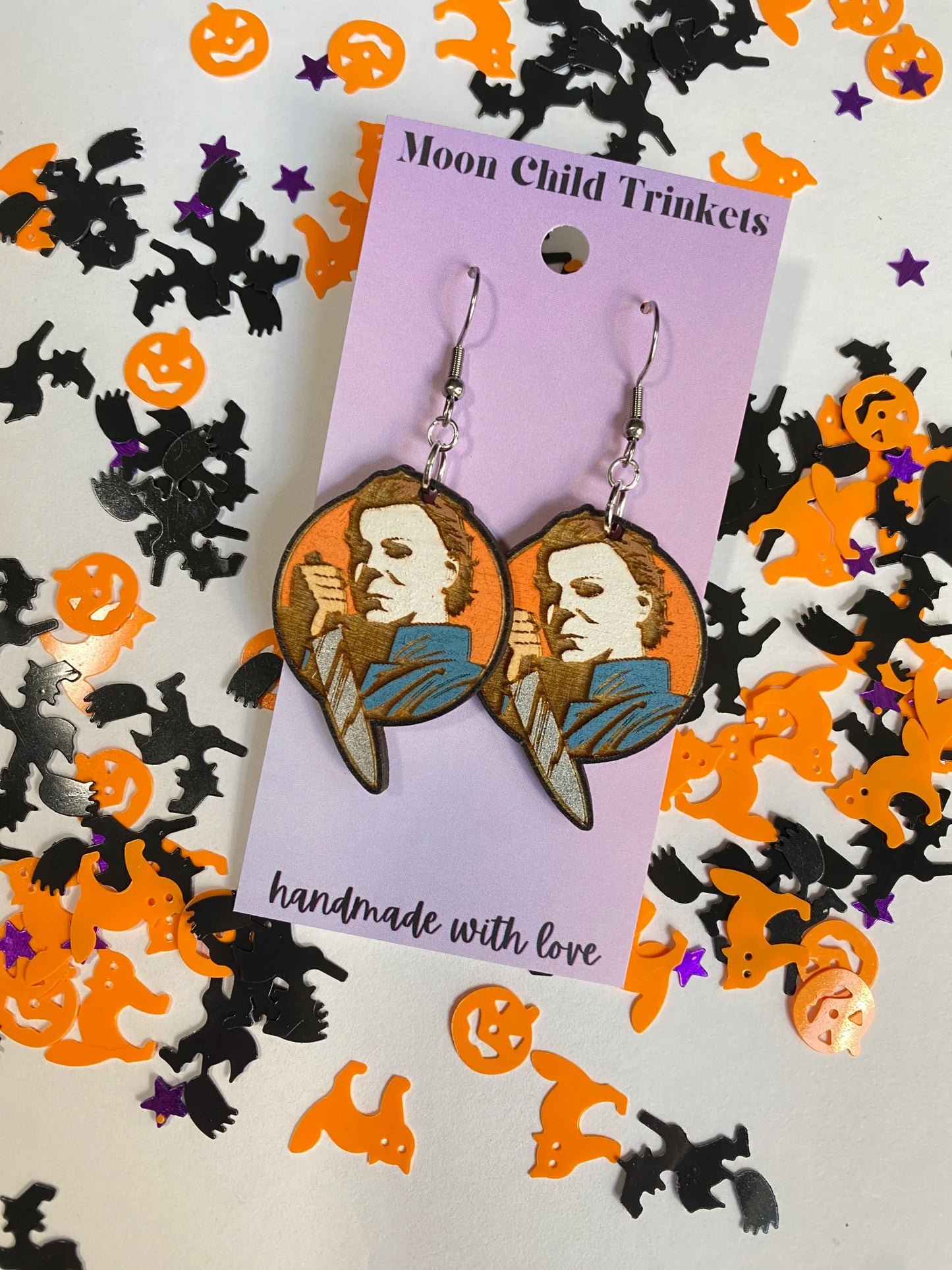 Michael Myers Hand Painted Wood Dangle Earrings image 1