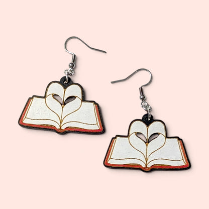 I Love Books - Book Heart Hand Painted Wood Earrings