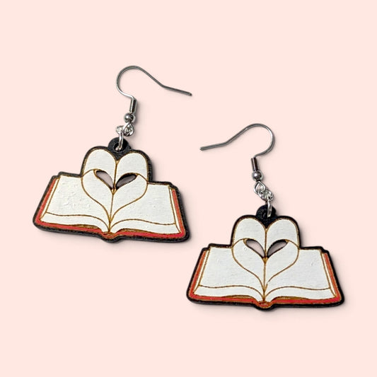 I Love Books - Book Heart Hand Painted Wood Earrings