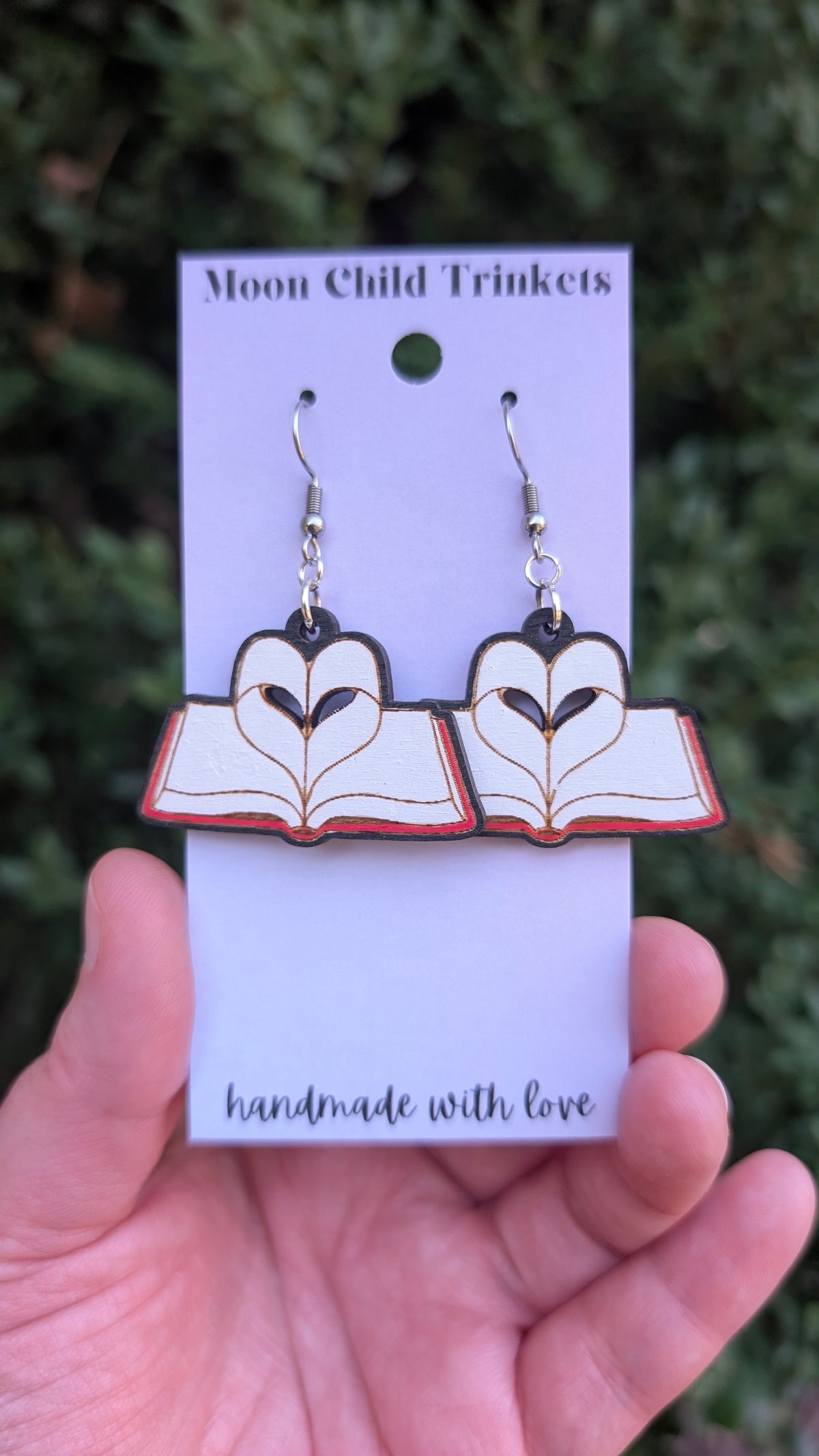 I Love Books - Book Heart Hand Painted Wood Earrings