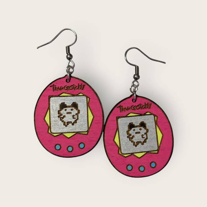Tamagotchi Hand Painted Wood Dangle Earrings