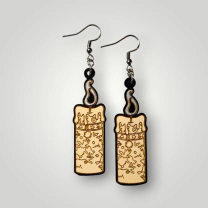 Hocus Pocus Black Flame Candle Hand Painted Wood Dangle Earrings