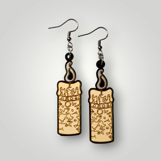 Hocus Pocus Black Flame Candle Hand Painted Wood Dangle Earrings