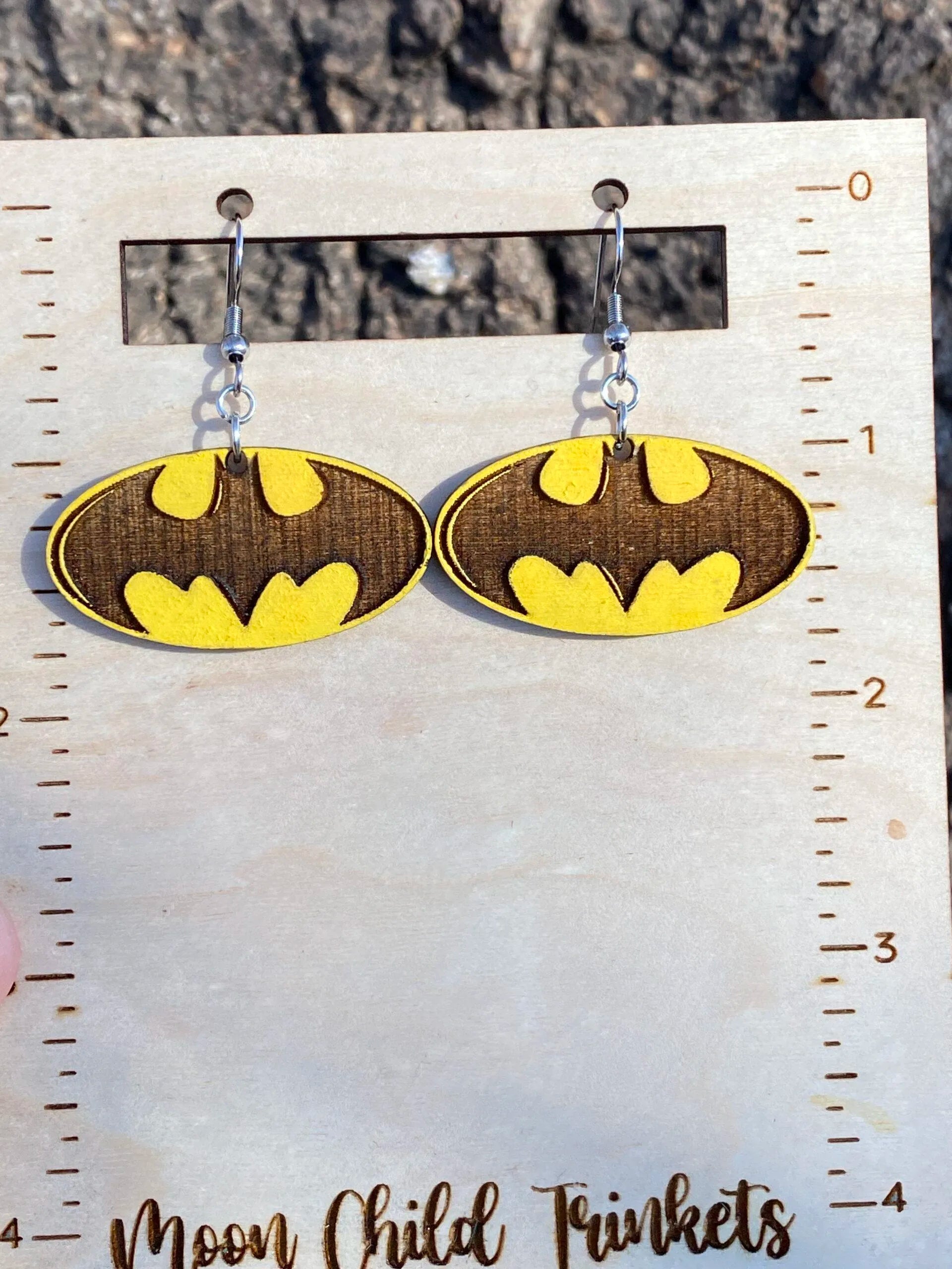 Batman Logo Hand Painted Wood Dangle Earrings image 0