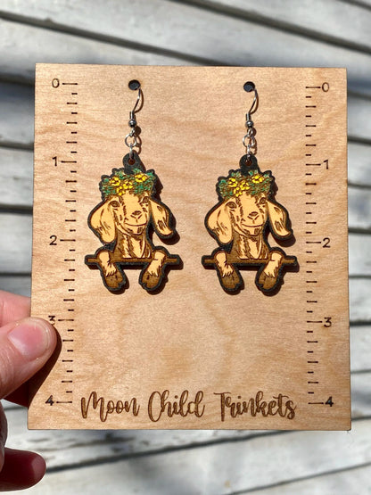 Floral Goat Hand Painted Wood Dangle Earrings image 1