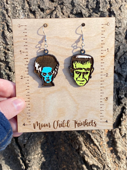Frankenstein & Bride Of Frankenstein Hand Painted Wood Dangle Earrings image 1