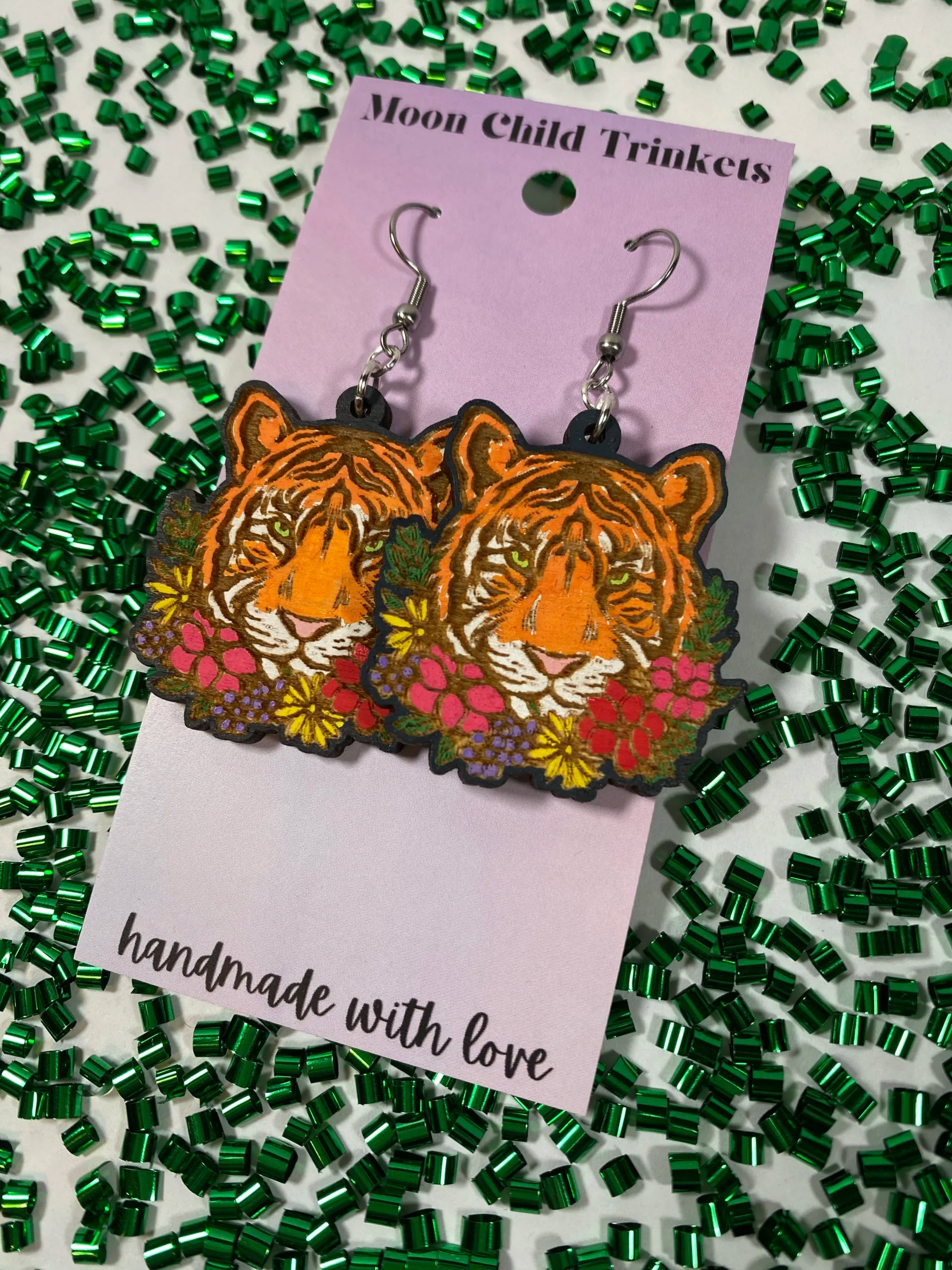 Bengal Tiger Hand Painted Wood Dangle Earrings image 1